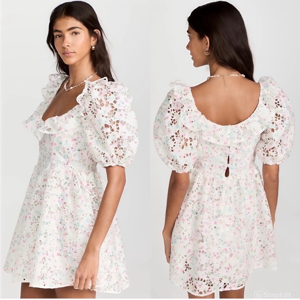 FOR LOVE & LEMONS White Magnolia Floral Eyelet Puff-Sleeve Mini Dress XS NWT